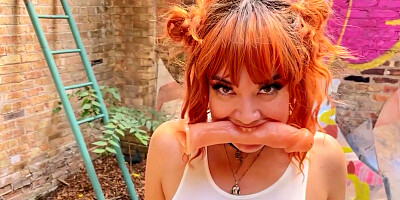 Red-haired slut Little Puck with fake tits gives POV blowjob