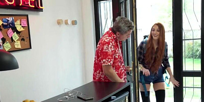 Tall redhead helping the older guy orgasm in the rom