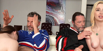 Blonde and not blonde are fucking their daddies together