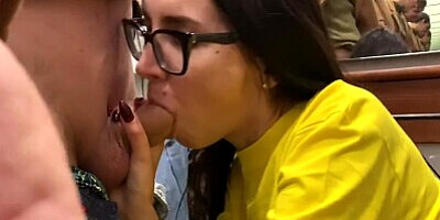 Risky public sex in the fitting room of a fitness store (cum in mouth)