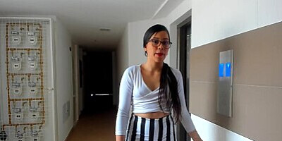 She comes home from work and wants to play alone but he finds her and fucks her and cum on her face