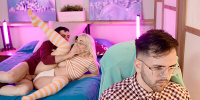 Nerdy chick fucks with boyfriend's pal behind his back