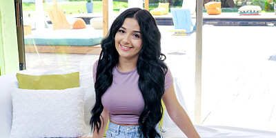 Naked brunette girl looks lovely playing with a Hitachi toy