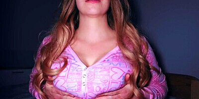 Wife tempts with her boobs. Sex in pink pajamas. Big cum on tits.