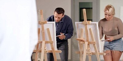 Hot busty blonde gets a good banging in art class