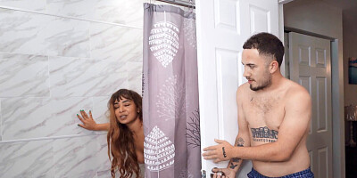 Tight-bodied black chick is carried on a big white cock