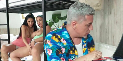 Three girls doing their best to get fucked by a hostel creep