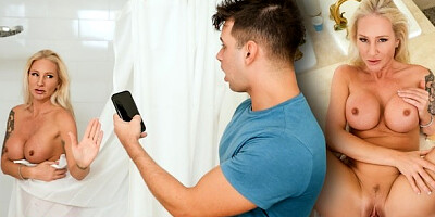 Thick milf catches her fratboy stepson peeping on her and gets excited