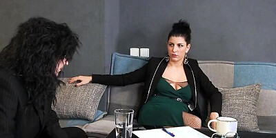 Sexy assistant assisting a poor tiny dick during his job interview