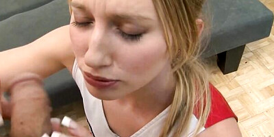 After ballbusting and biting the nerd the blonde femdom lets him use her wet pussy