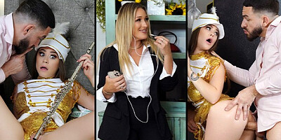 Naughty brunette has sneaky and kinky flute lessons on her stepdad's cock