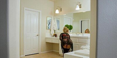 Sexy blonde MILF Sarah Jessie spreads her wet pussy for son's friend