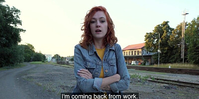 Redheaded girl wtih a cute face gets fucked outside