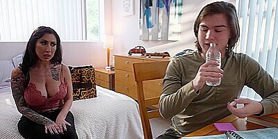 Busty Tattooed Hottie Lily Lane Wears Lingerie To Seduce Boyfriends Stepson