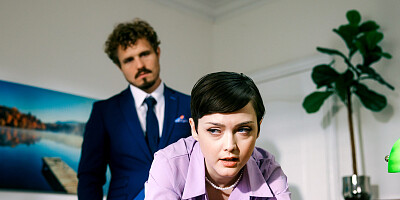 Horny man eats secretary's ass and fucks her in the office