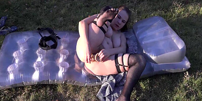 Anal-vaginal-clitoral Orgasm In Nature And Wet Gaping Holes Close-up. A Girl In Stockings Is Sunbathing In The Garden And Masturbates Her Beautiful Ass And Hairy Pussy, Makes Double Penetration, Shakes Her Big Boobs. Amateur Fetish Outdoor. 11 Min