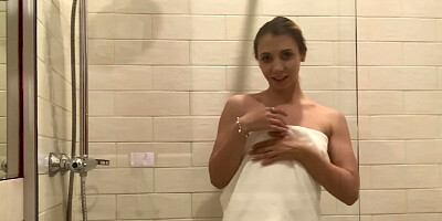 Sweet petite Stefanie Moon caresses herself in the shower