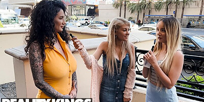 Two horny blonde lesbians are looking for another slut for a threesome