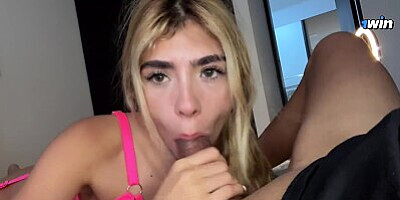 Skinny blonde gives her first blowjob on camera and wants to have a sextpe