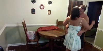 Hot MILF in a Sundress Has Sex and Gets Creampied on the Table