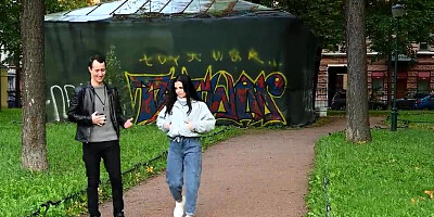 Skinny brunette fucks in front of her loser boyfriend