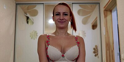 POV contest. Redhead milf sucks cock and gets a lot of cum in mouth. Lots of cum on tits