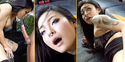 Tiny inked Asian with stunning tits fucks a taxi driver like mad