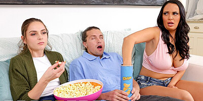 A guy fucks a busty brunette while his GF watches a movie