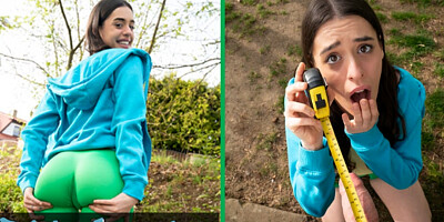 Public Agent Brunette jogger with a great ass measures a big cock before fucking it