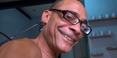 Nasty MILF with fake boobs riding one mature hung lad