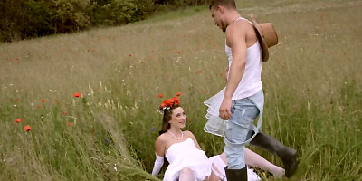 Gorgeous bride fucks with a horny cowboy in the field