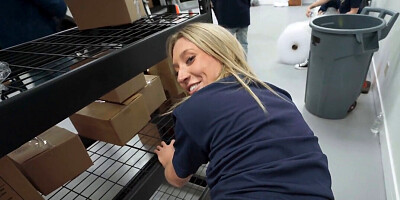 Horny blonde gets found and banged in the warehouse