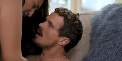 Brunette babe and her lover are having wild sex on the couch