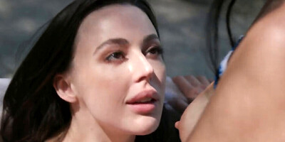 Two astonishing brunettes making out by the swimming pool