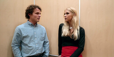 Deep blowjob in the elevator from busty Sarah Vandella and passionate sex