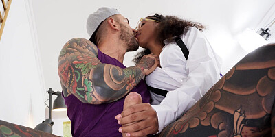 Ebony tutor Barbie Rous rides client's cock