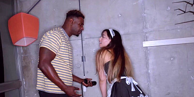 Aria Lee wearing a maid outfit in a threesome with BBC