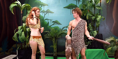 Redhead bitch Kadence Marie rides her fucker's cock on set