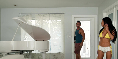 Latina Gia Milana with fake tits rides cock for money