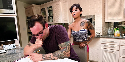 Tattooed babe Honey Gold and passionate sex in the kitchen