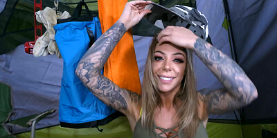 Big boobs camper taking care of his large boner in POV