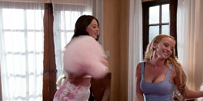 Two horny teens fuck each other hard after a pillow fight