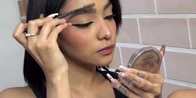 Doing her make-up while giving her stepbrother a handjob