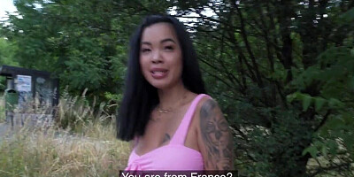 Inked and busty Asian teen fucks her new friend outdoors