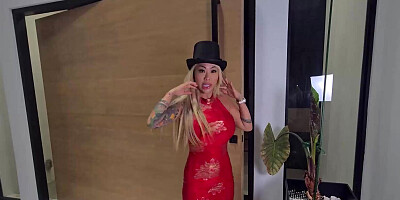 Asian blonde with tattoos is celebrating the Lunar New Year