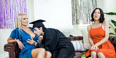 Naughty MILFs Vanessa Cage and Brooke Barclays fucking young dude in bed