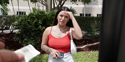 Horny brunette with huge boobs fucked in the back of the van