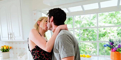 Mommy chooses to taste his sweet meat in the kitchen