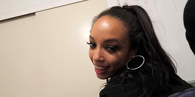 Cute brunette Alexis Tae playing with two stiff dongs