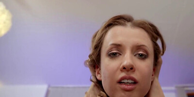 Blonde with perfect boobs rides the huge dick of her stud